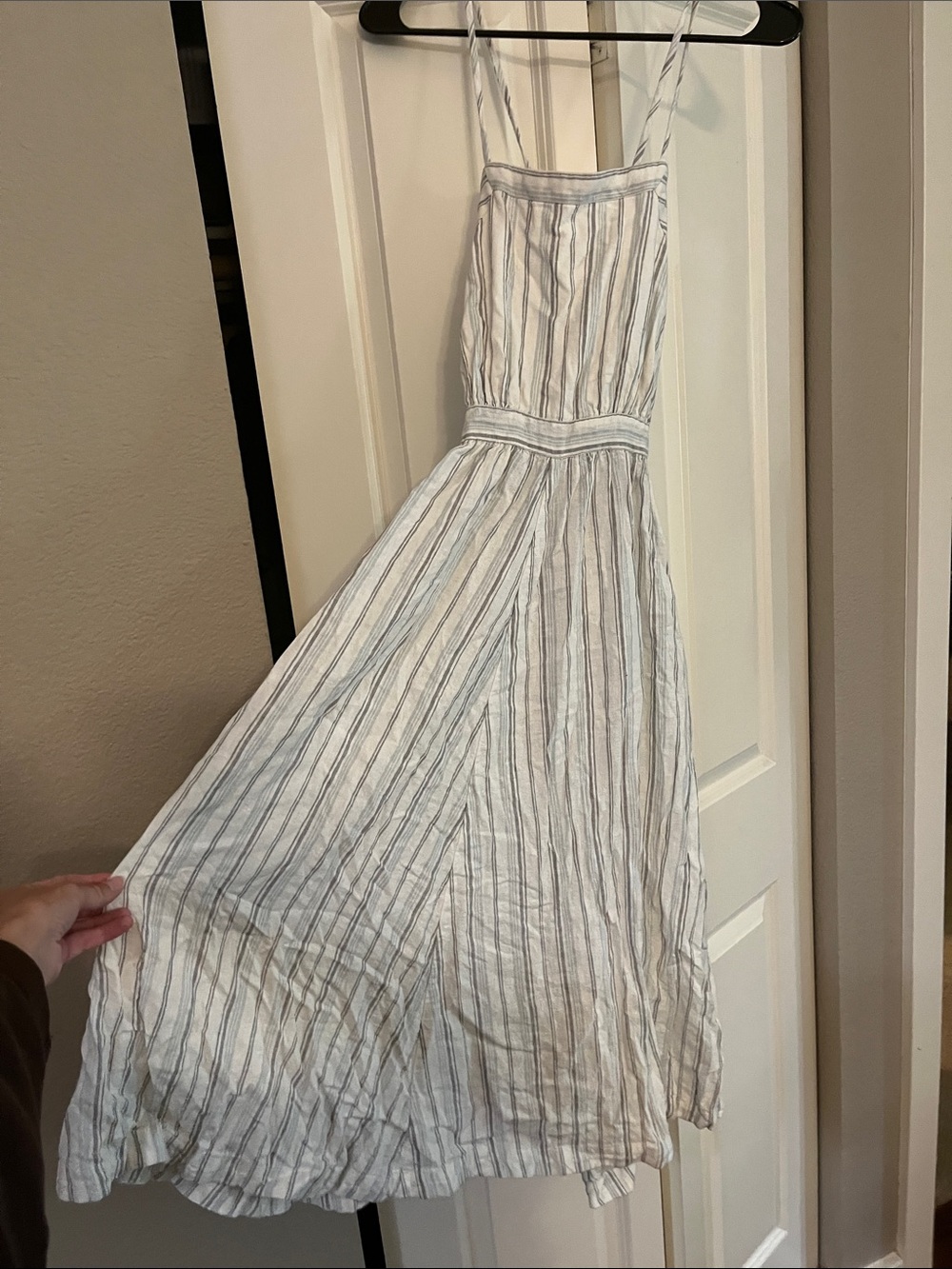 Striped White and Light Blue Maxi Sundress with Adjustable Straps